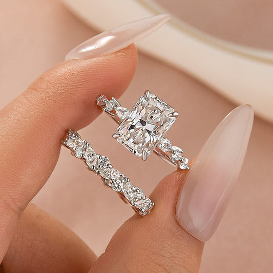 Aurevyn Moissanite 3.5 Ct Radiant Cut White Gold Engagement Ring with Marquise & Round Wedding Ring