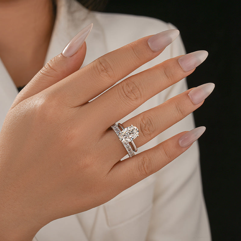 Aurevyn Moissanite 4.0Ct Solitaire Oval Cut/3.5Ct Emerald Cut White Gold Wedding Ring with Emerald Cut Wedding Ring