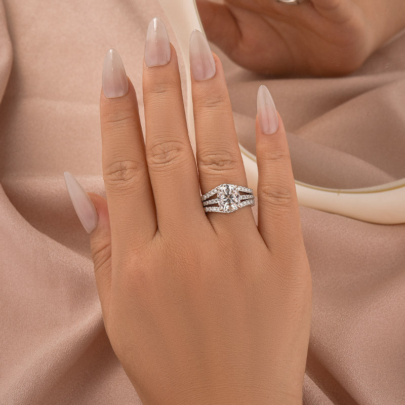 Aurevyn Moissanite 3.0Ct Cushion Cut/2.0Ct Princess Cut White Gold Wedding Ring with Enhancer Ring