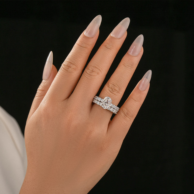 Aurevyn Moissanite 2.5Ct Oval Cut Side Stone White Gold Engagement Ring with Pavé Eternity Ring