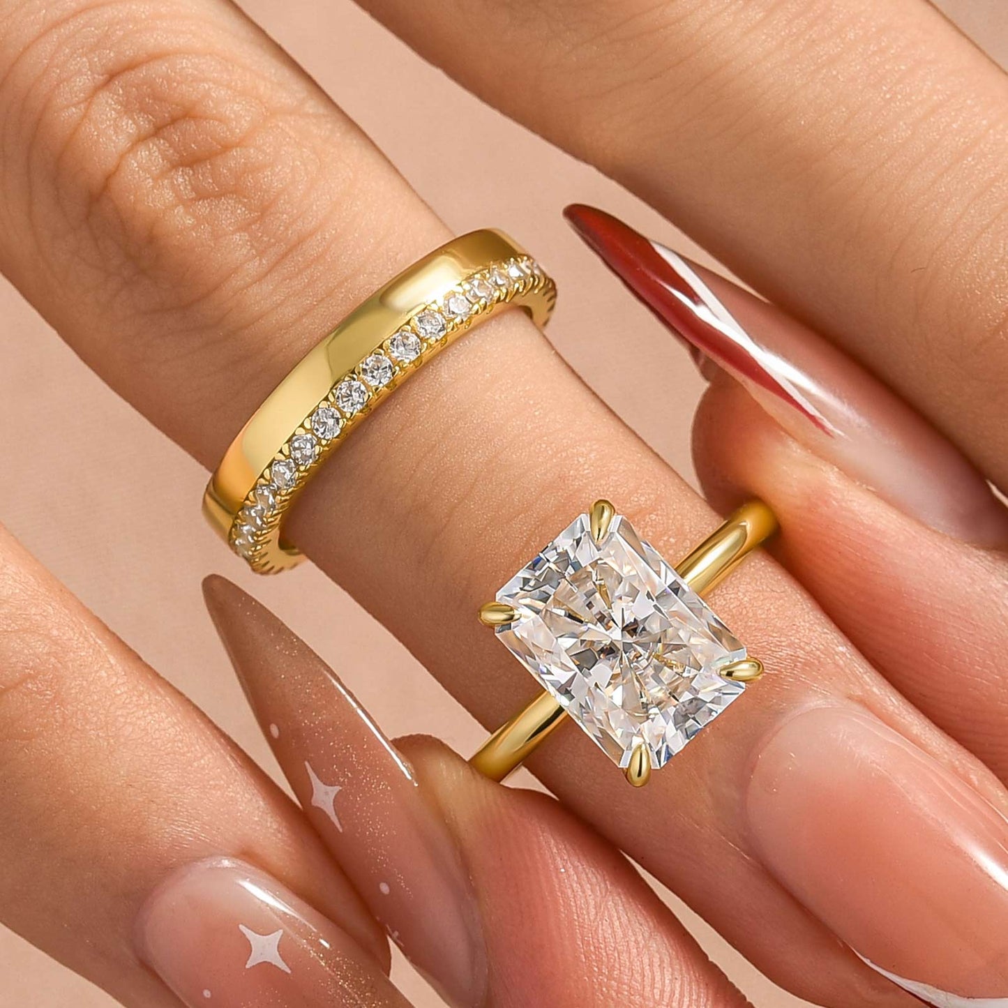 2PC Moissanite 4.5Ct Radiant Cut Solitaire Engagement Ring With Round Cut Wedding Band Wedding Ring Set