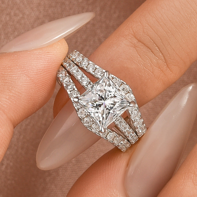 Aurevyn Moissanite 3.0Ct Cushion Cut/2.0Ct Princess Cut White Gold Wedding Ring with Enhancer Ring