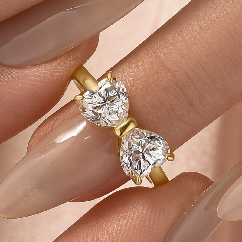 Aurevyn 1.0Ct*2 Heart Cut Toi et Moi Yellow Gold Moissanite Engagement Ring in S925 Sterling Silver