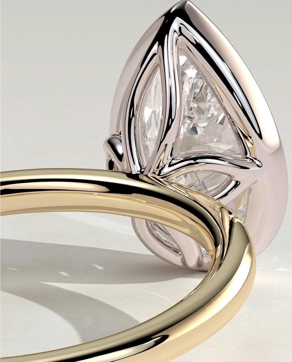 4Ct Pear Lab Grown Diamond Bezel Solitaire Engagement Ring with Petal Gallery, IGI Certified, 18K, 14K Solid Gold , Anniversary Gift For her