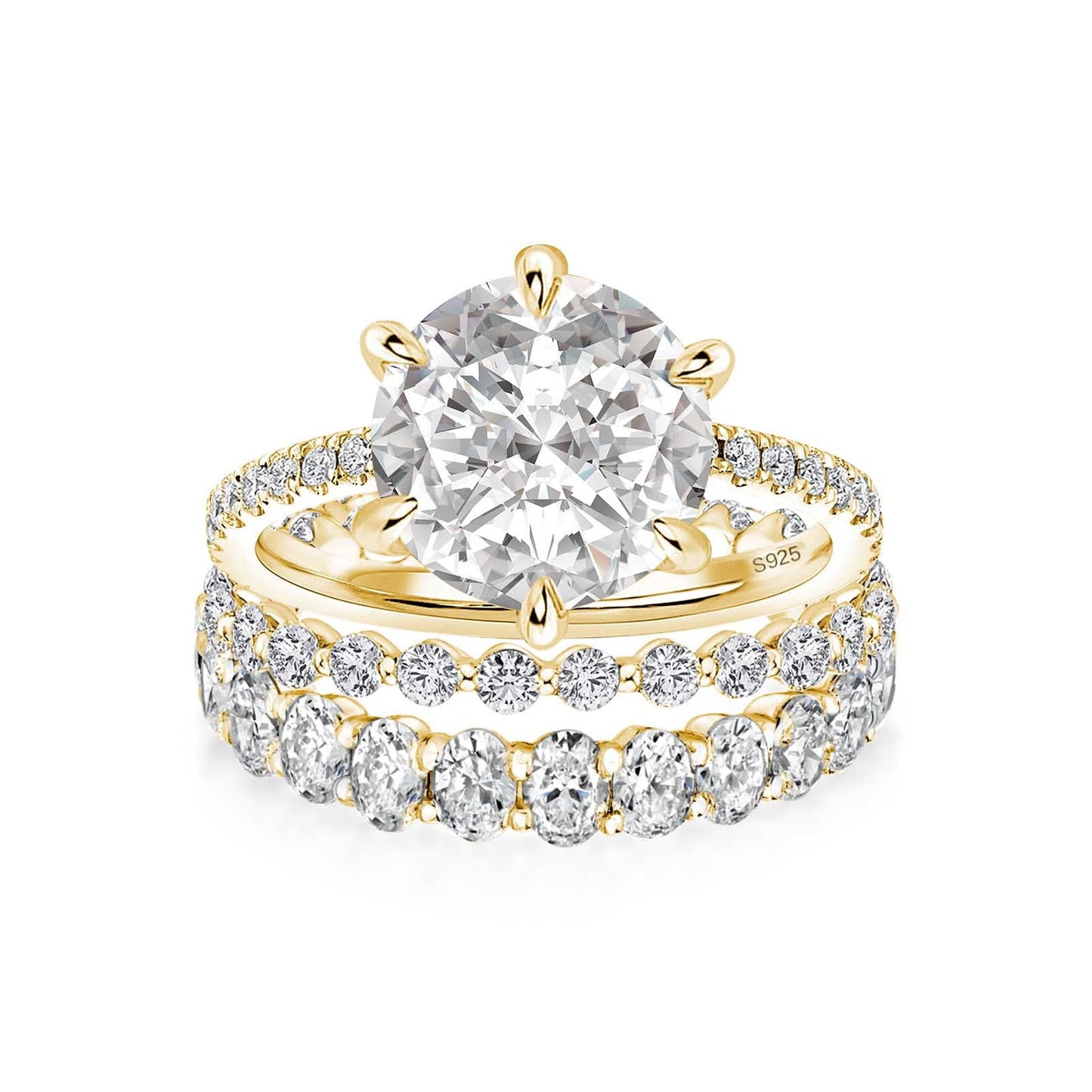 Aurevyn 3.0Ct Round Cut Yellow Gold 3PC Travel Engagement Ring with Oval & Round Cut Wedding Band