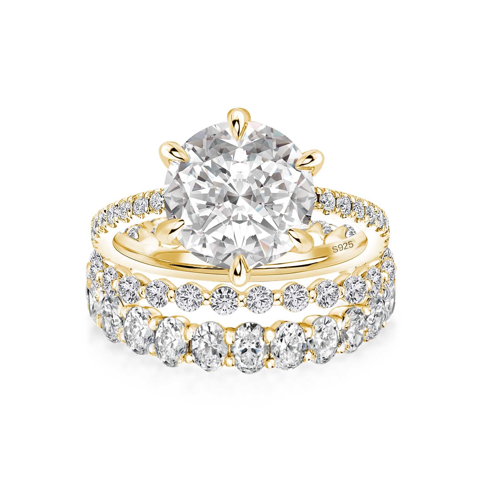 Aurevyn 3.0Ct Round Cut Yellow Gold 3PC Travel Engagement Ring with Oval & Round Cut Wedding Band