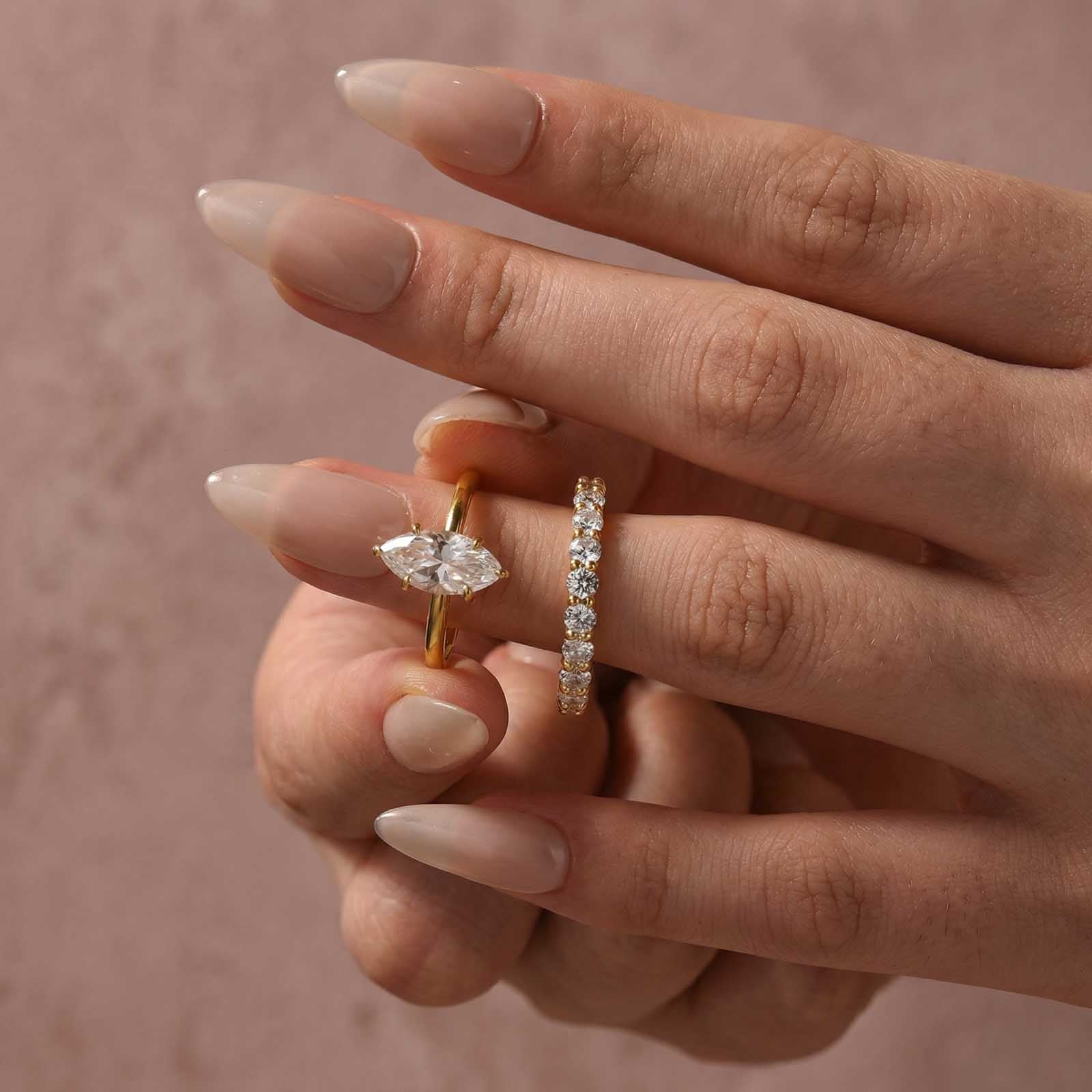 Aurevyn Moissanite 2.0Ct Marquise Cut Solitaire Engagement Ring with Pavé Eternity Ring