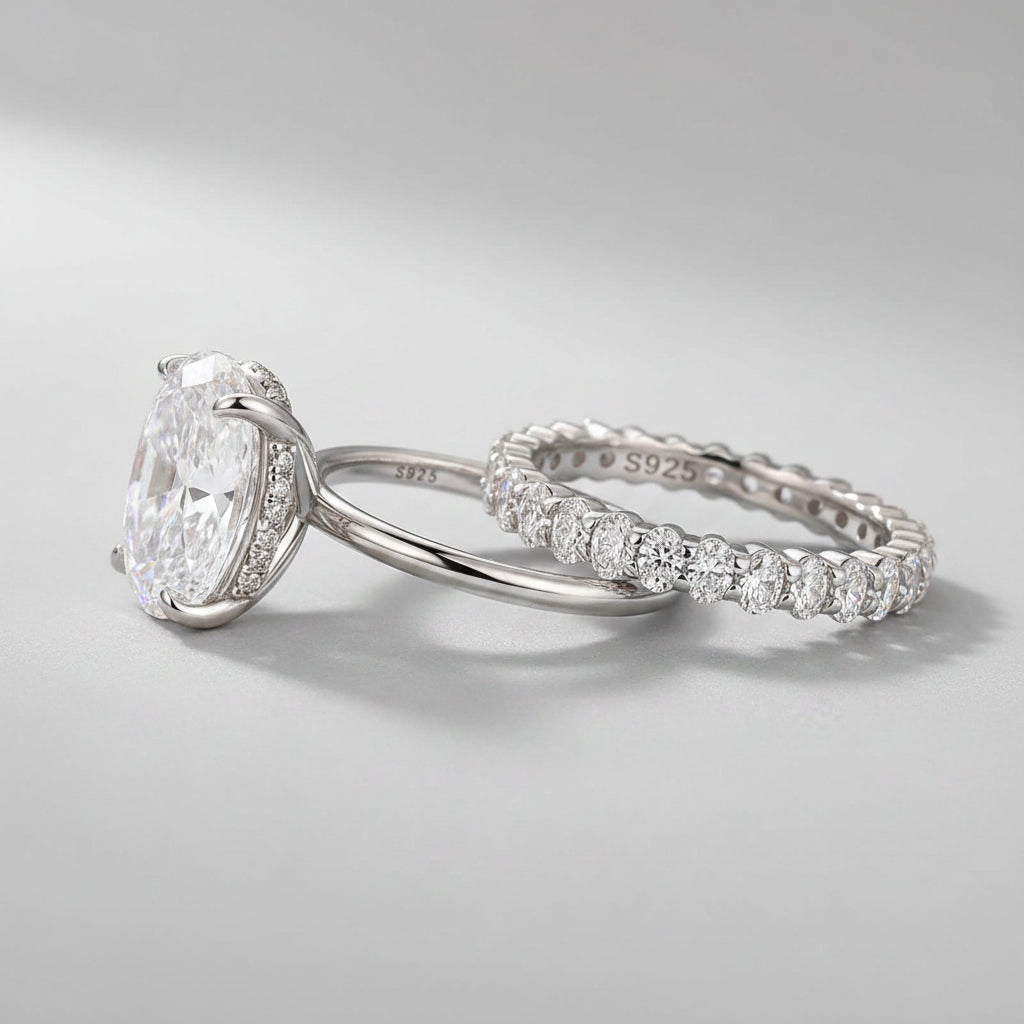Aurevyn Moissanite 4.0 Ct Oval Cut White Gold Engagement Ring with Oval Cut Eternity Ring