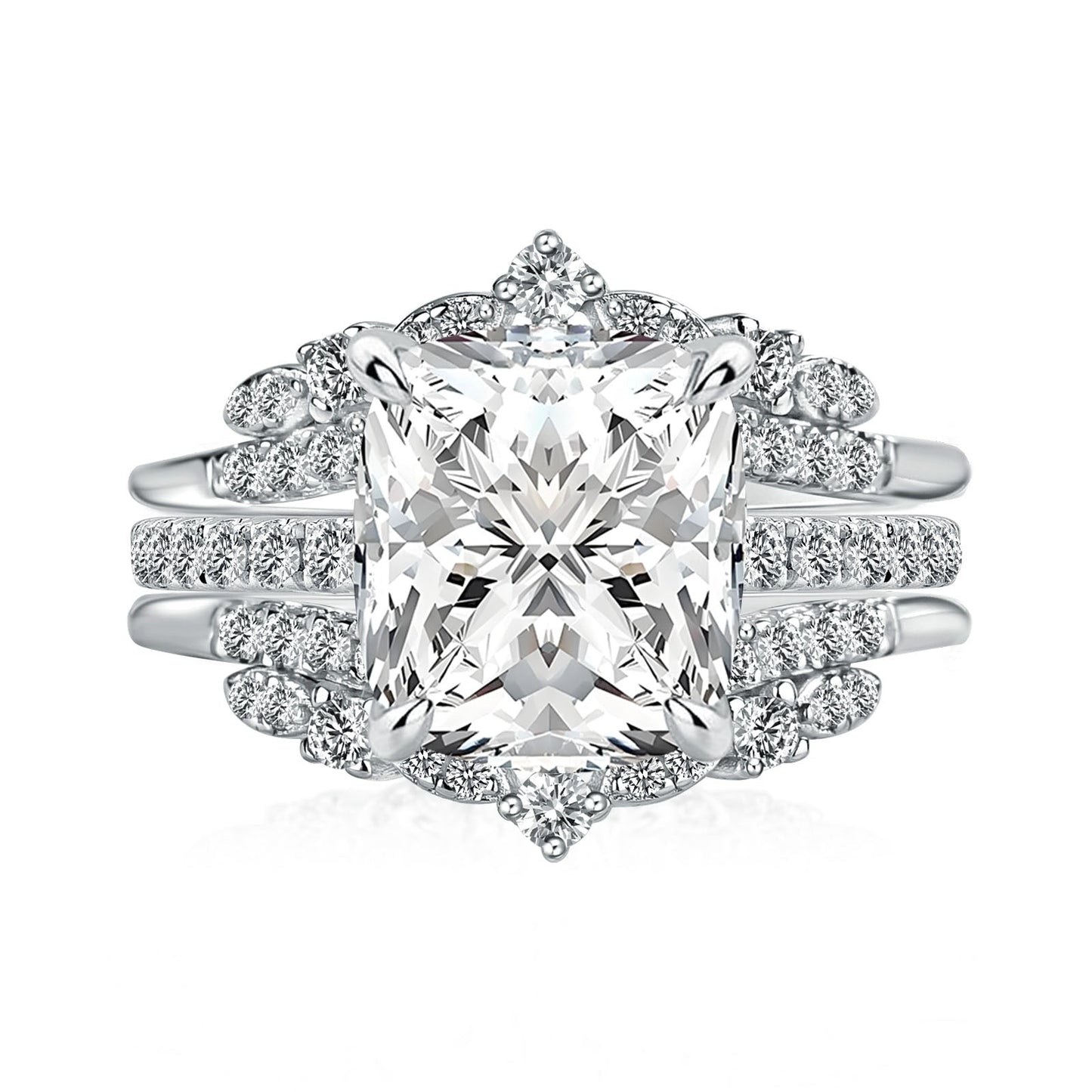 Aurevyn Moissanite 3.0Ct Cushion Cut White Gold Stack Wedding Ring with Jacket Wedding Band
