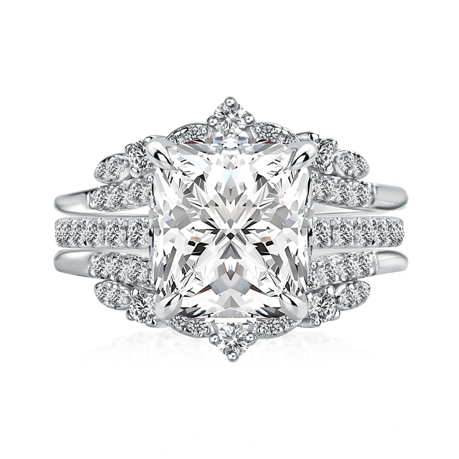 Aurevyn Moissanite 3.0Ct Cushion Cut White Gold Stack Wedding Ring with Jacket Wedding Band