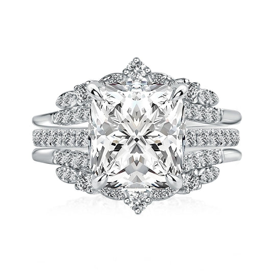 Aurevyn Moissanite 3.0Ct Cushion Cut White Gold Stack Wedding Ring with Jacket Wedding Band