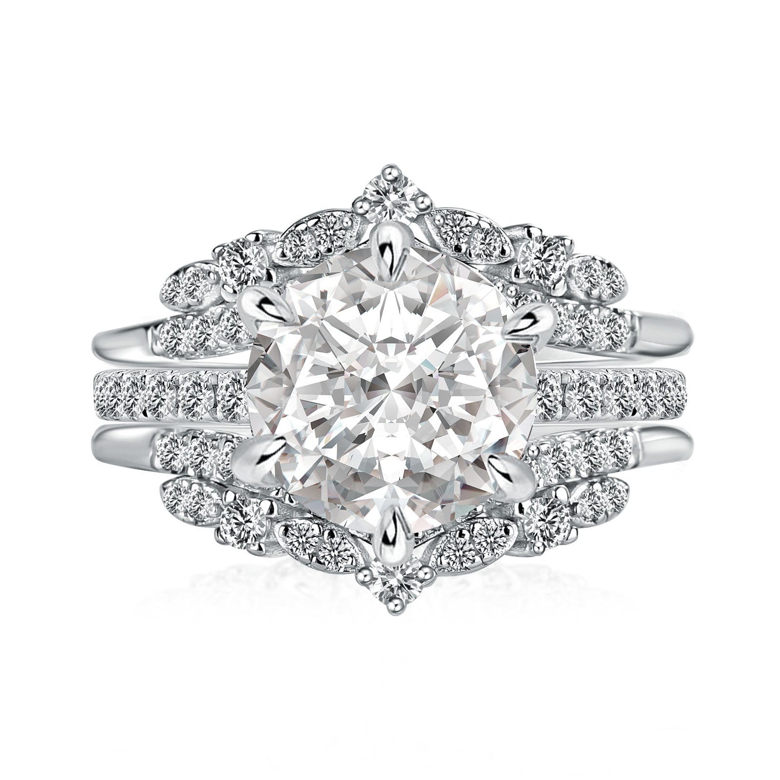 Aurevyn Moissanite 3.0Ct Round Cut White Gold Stack Wedding Ring with Jacket Wedding Band