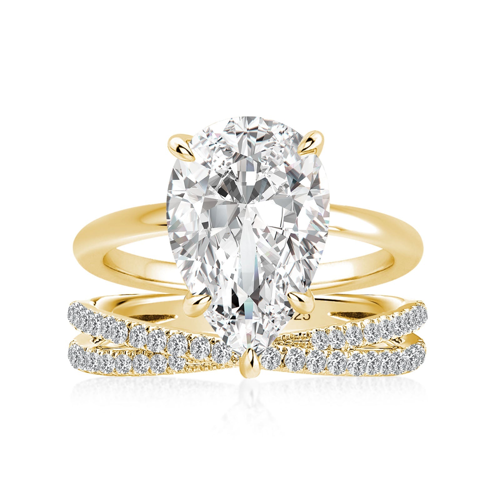 Aurevyn Moissanite 4.0 Ct Pear Cut Yellow Gold Wedding Ring With X Criss Cross Wedding Band