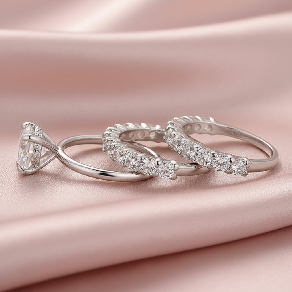 Aurevyn Moissanite 3.0 Ct Round Cut Engagement Ring with Half Round Cut Wedding Band