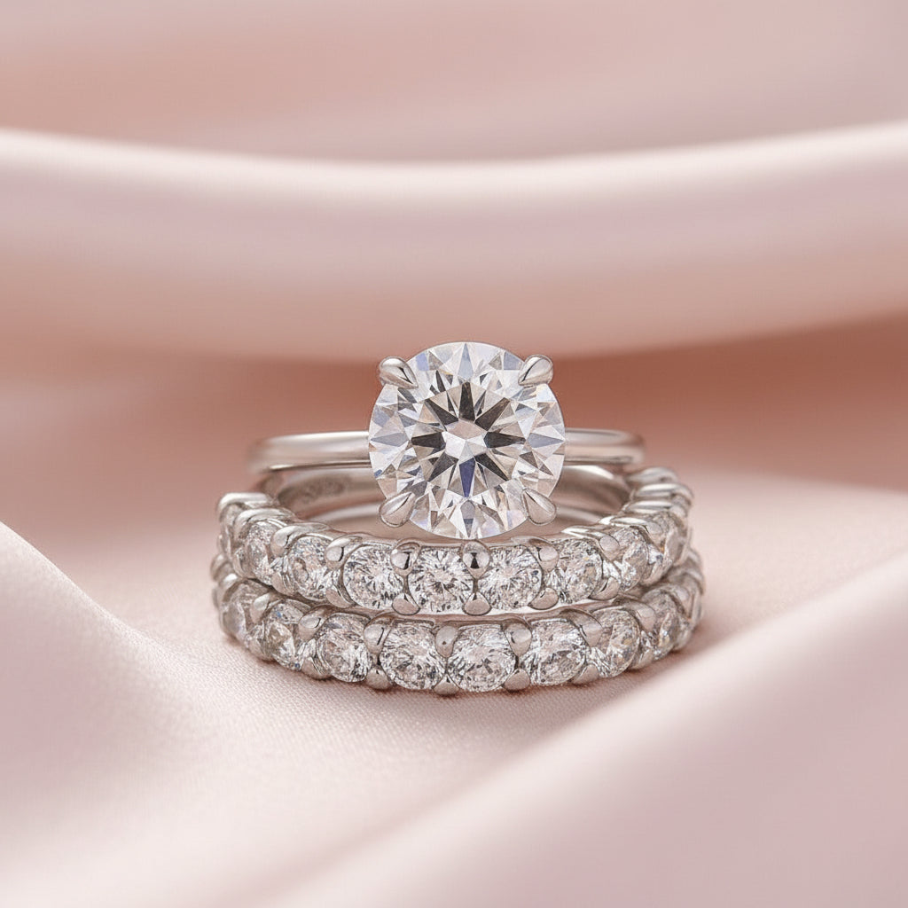 Aurevyn Moissanite 3.0 Ct Round Cut Engagement Ring with Half Round Cut Wedding Band
