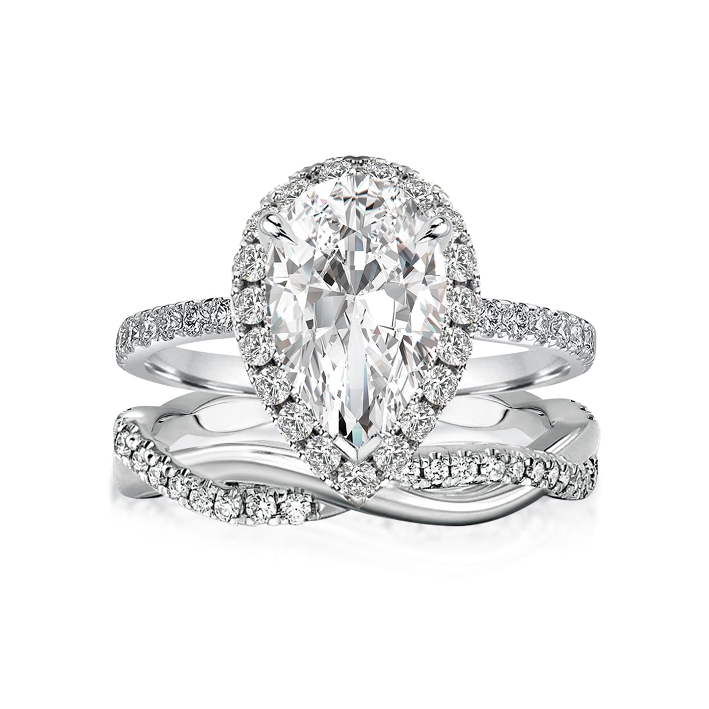 Aurevyn Moissanite 2.5Ct Halo Pear Cut White Gold Engagement Ring With Twist Wedding Ring