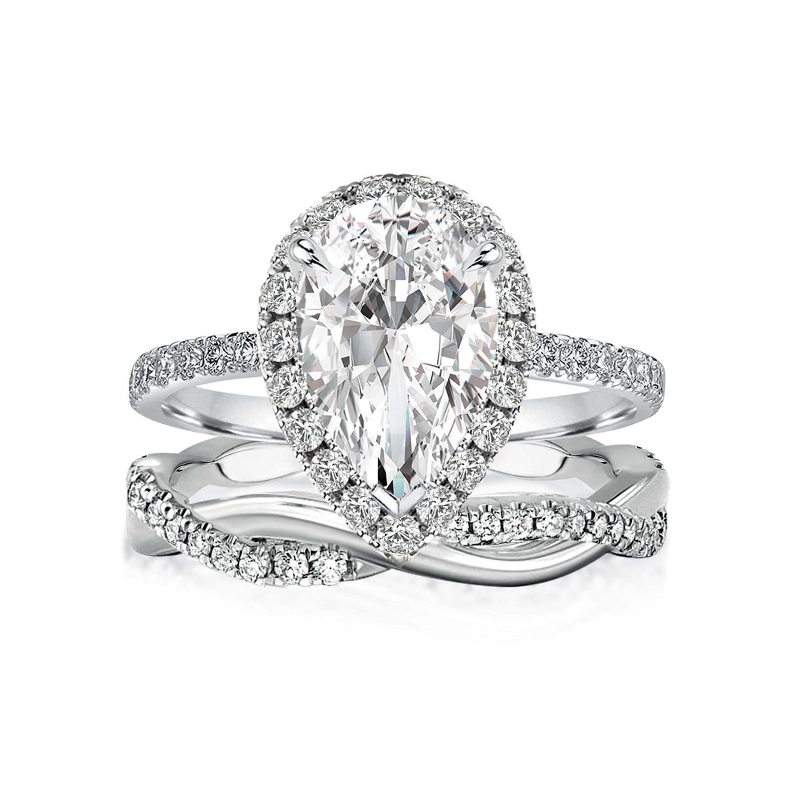 Aurevyn Moissanite 2.5Ct Halo Pear Cut White Gold Engagement Ring With Twist Wedding Ring