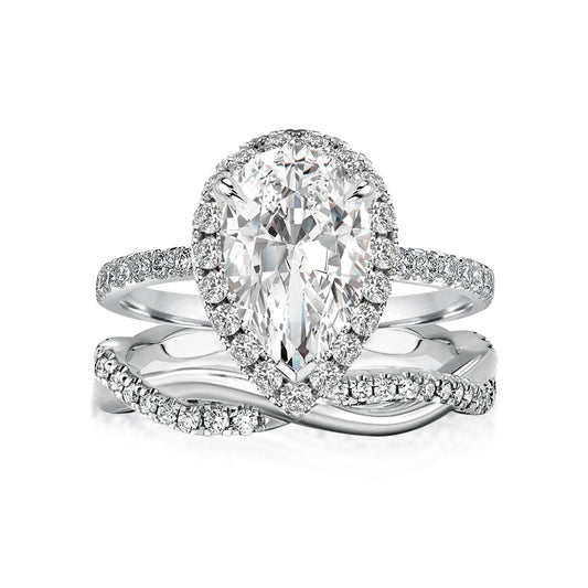Aurevyn Moissanite 2.5Ct Halo Pear Cut White Gold Engagement Ring With Twist Wedding Ring