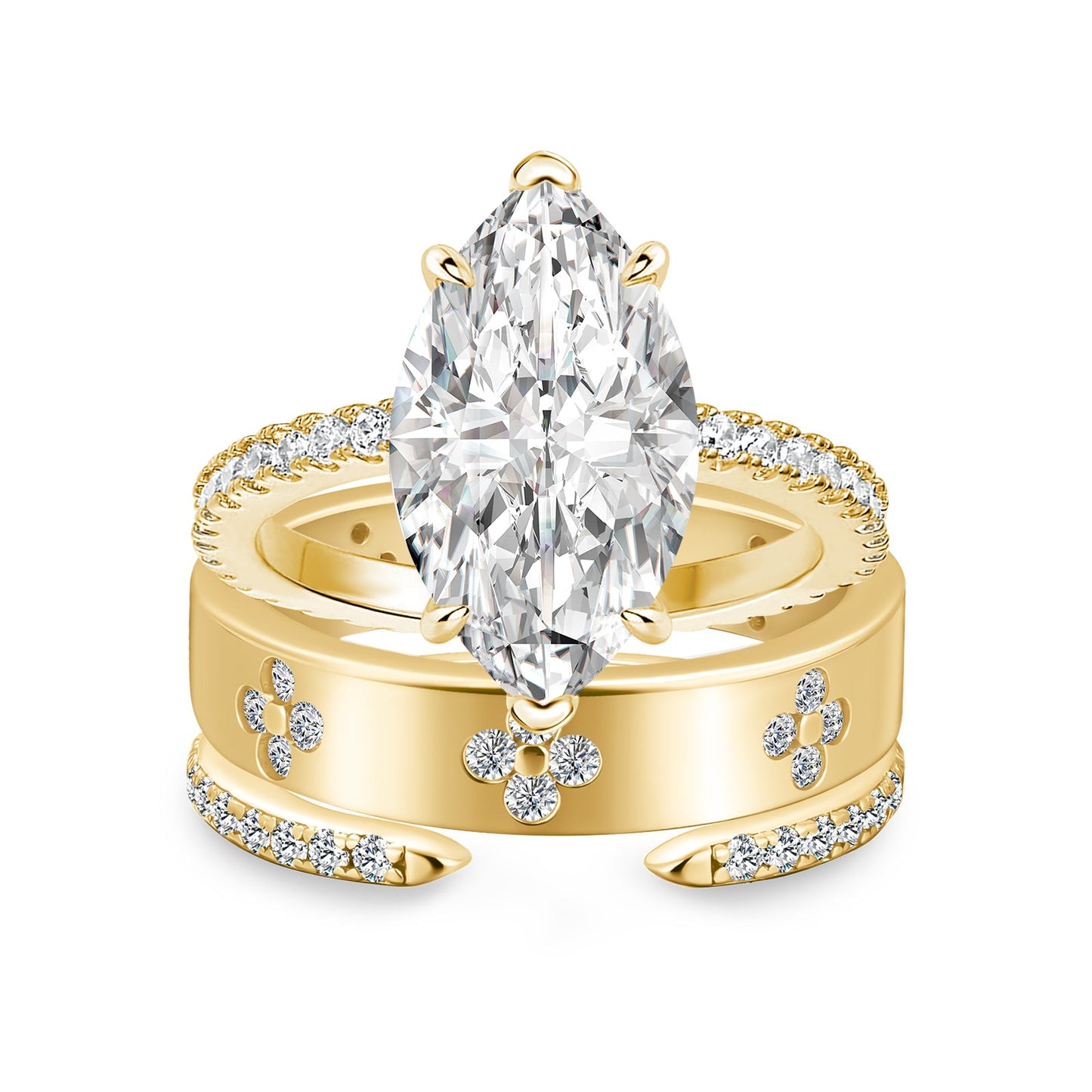 Aurevyn Moissanite 4.0Ct Marquise Cut Yellow Gold Open Clover Wide Wedding Ring
