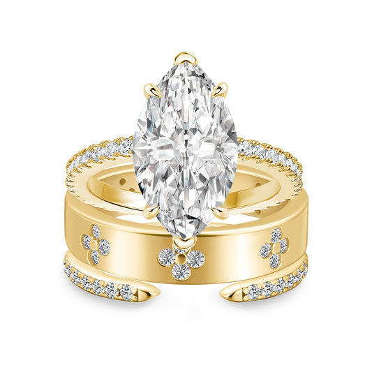 Aurevyn Moissanite 4.0Ct Marquise Cut Yellow Gold Open Clover Wide Wedding Ring