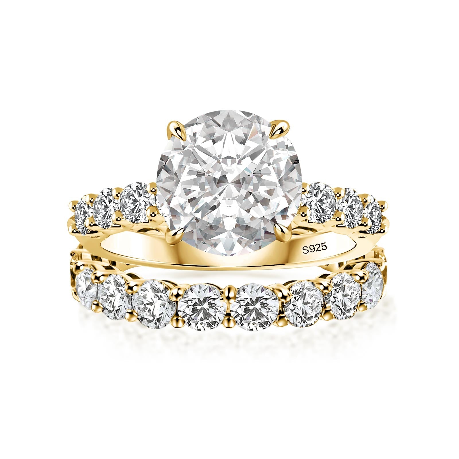 Aurevyn Moissanite 4.0Ct Round Cu/Oval Cut Side Stone Yellow Gold Travel Bridal Set
