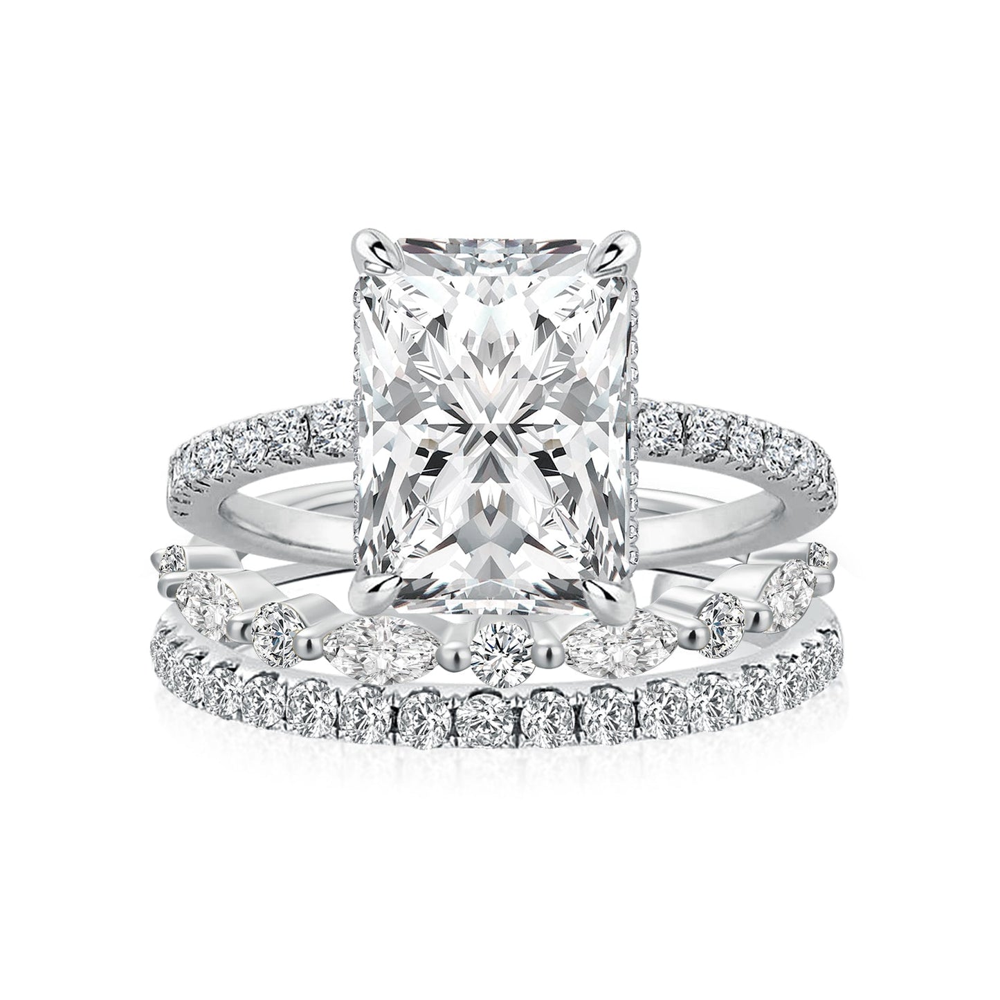 Aurevyn 3.5 Ct Radiant Cut Moissanite Diamond Wedding Ring with Round & Marquise Accents Bands