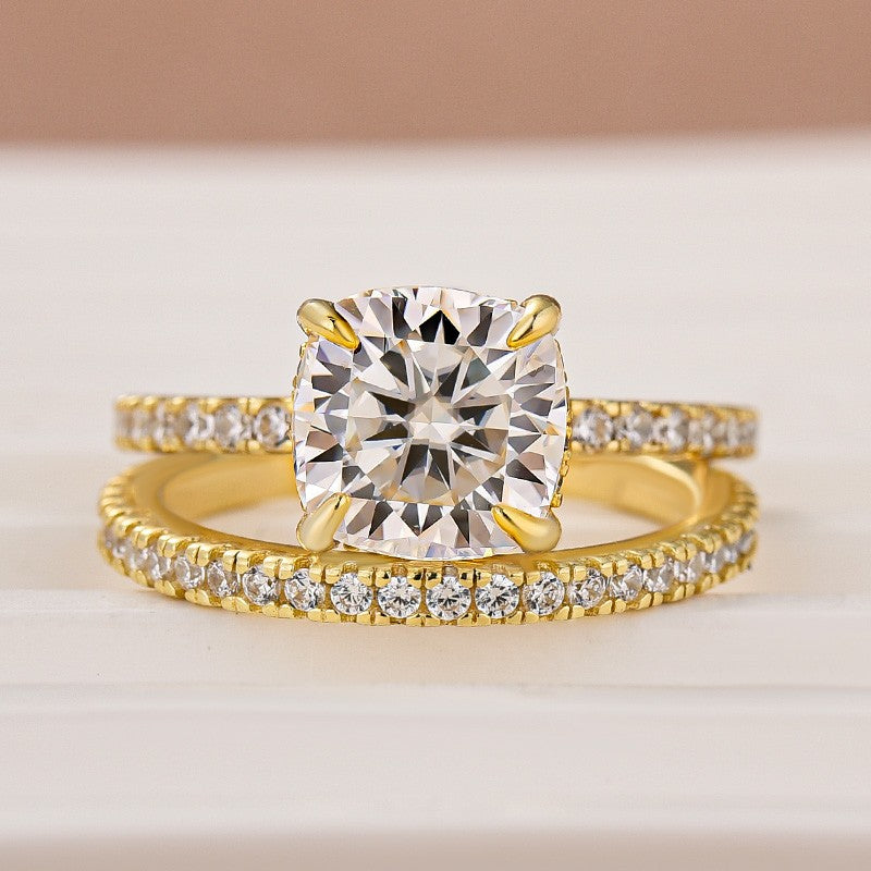 Aurevyn Moissanite 2.5Ct Cushion Cut Yellow Gold Bridal Wedding Ring Set