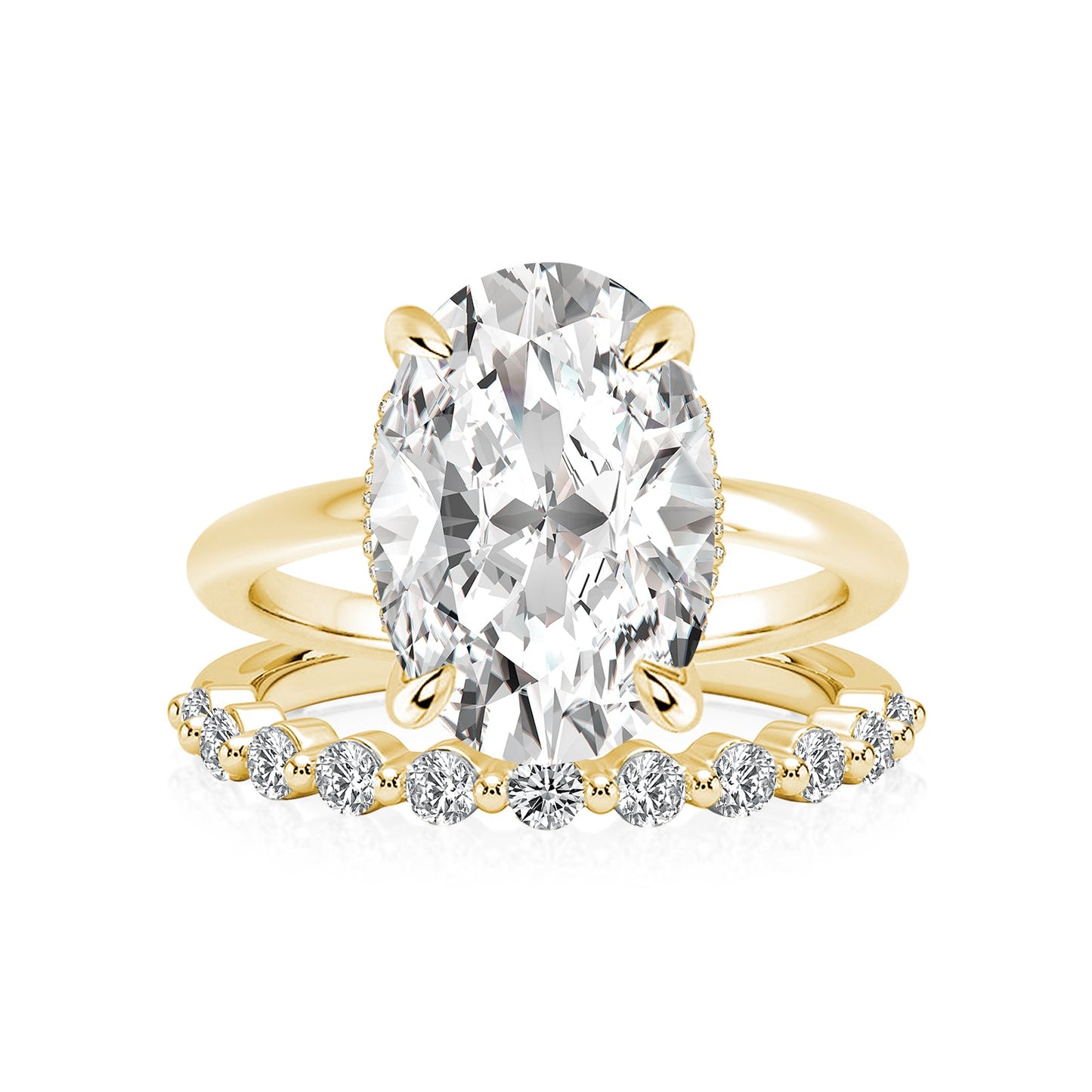 Aurevyn Solitaire 5.5Ct Oval Cut Yellow Gold Moissanite Wedding Ring Set With Round Cut Wedding Band