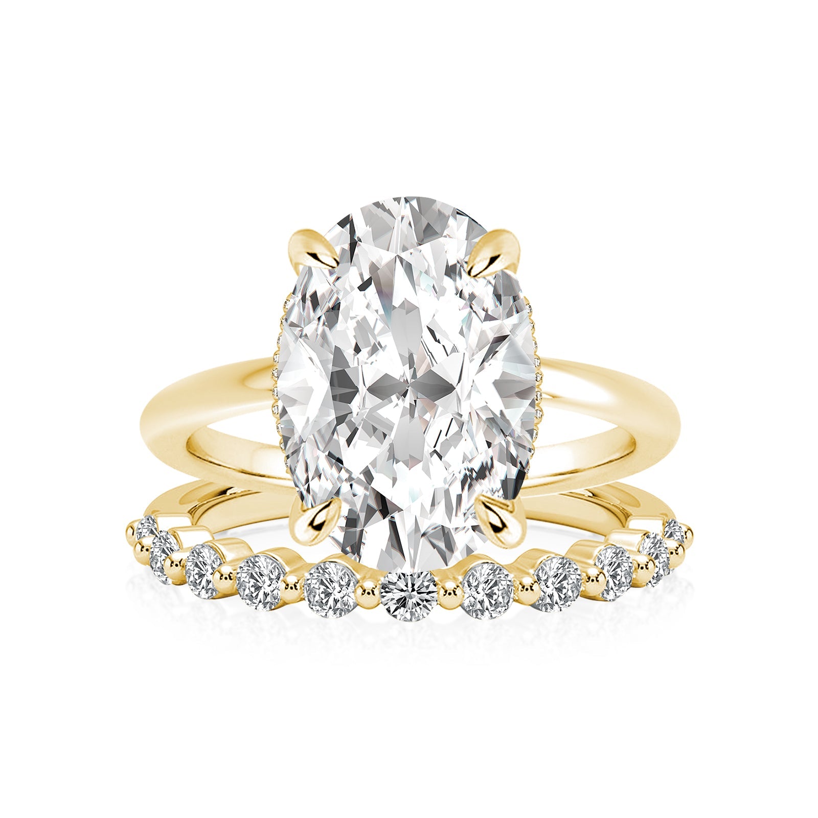 Aurevyn Solitaire 5.5Ct Oval Cut Yellow Gold Moissanite Wedding Ring Set With Round Cut Wedding Band