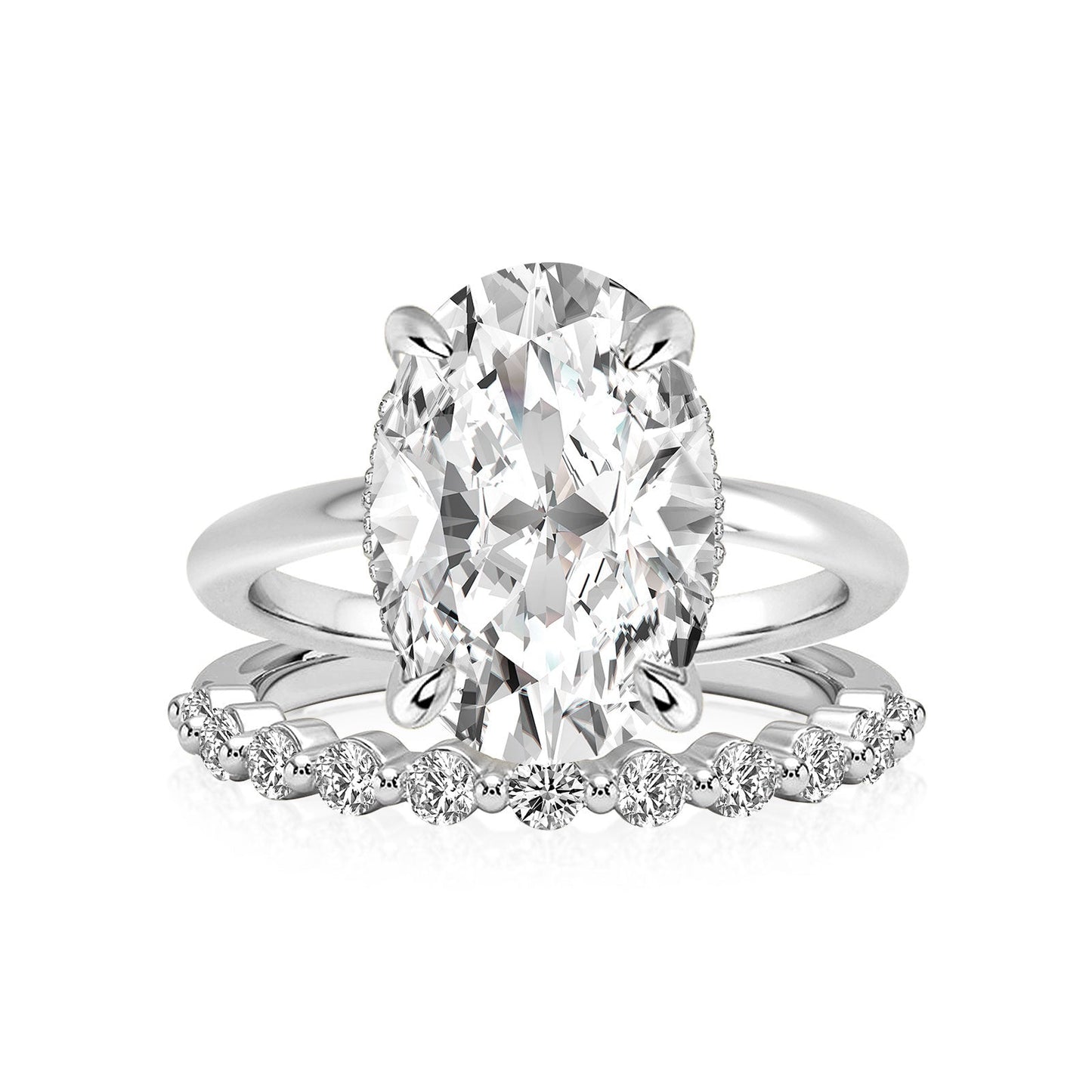 Aurevyn Solitaire 5.5Ct Oval Cut White Gold Moissanite Wedding Ring Set With Round Cut Wedding Band