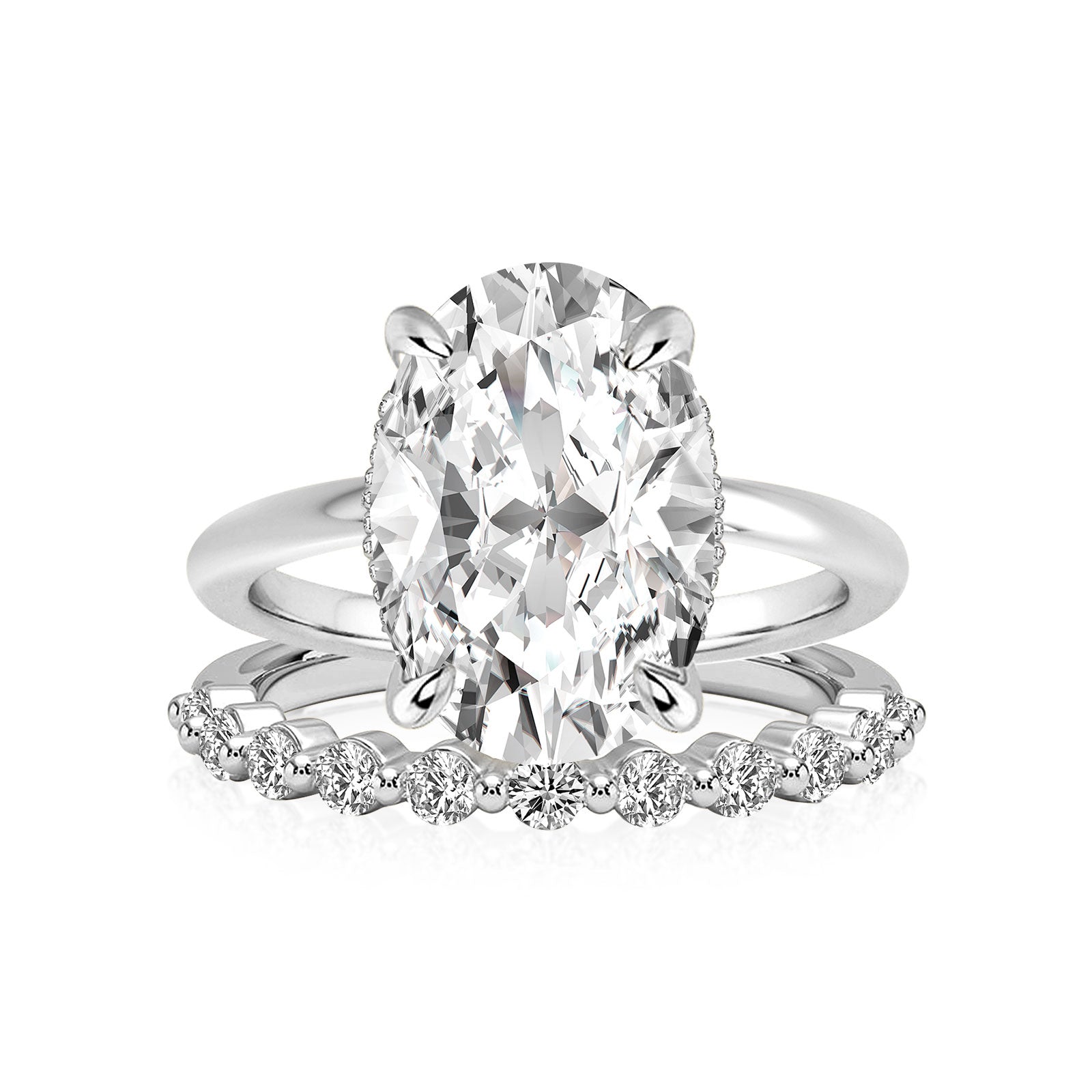 Aurevyn Solitaire 5.5Ct Oval Cut White Gold Moissanite Wedding Ring Set With Round Cut Wedding Band