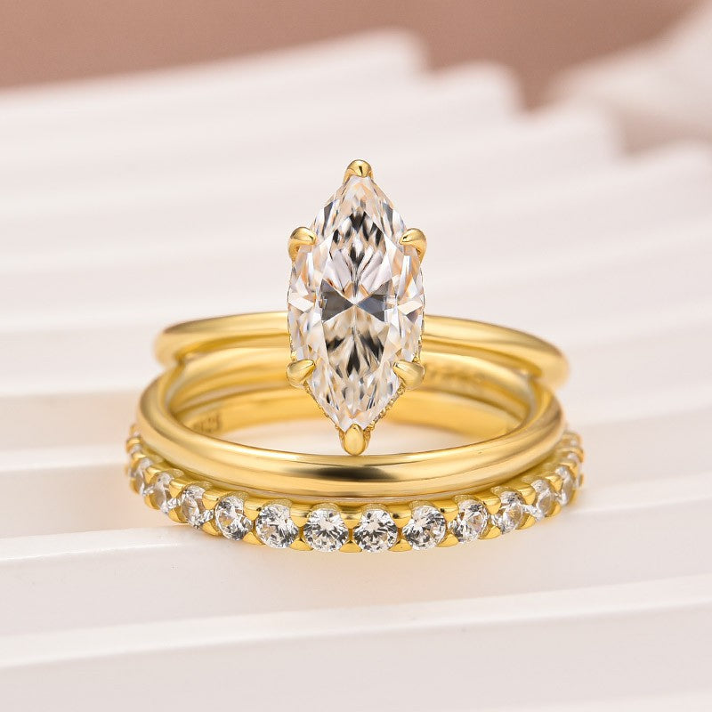 Aurevyn Moissanite 2.0 Ct Marquise Cut Solitaire Yellow Gold Promise Ring with Half Round Cut Anniversary Ring