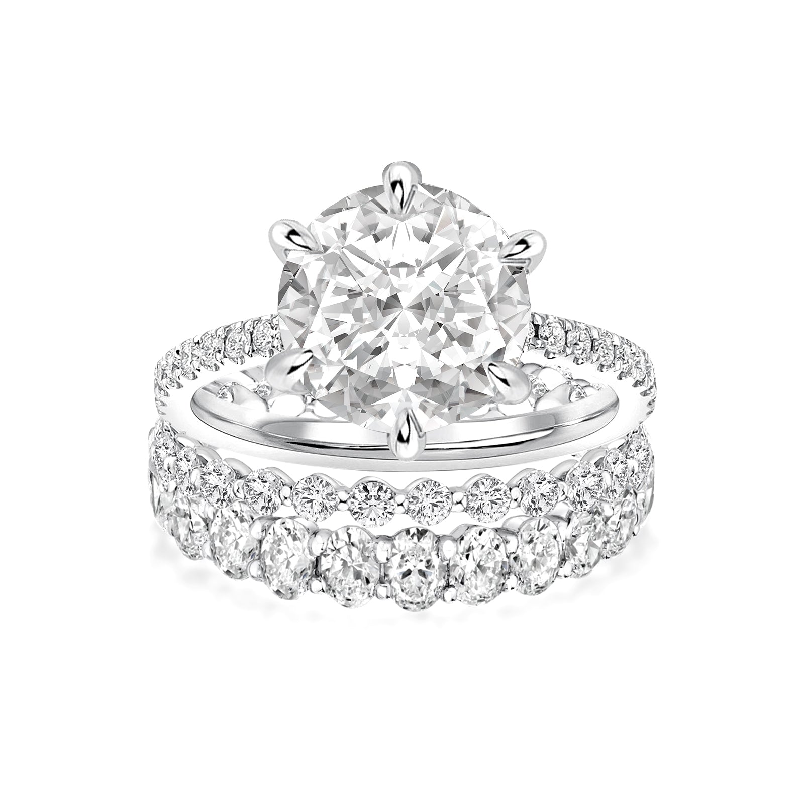 Aurevyn Moissanite 3.0Ct Round Cut White Gold 3PC Travel Engagement Ring with Oval & Round Cut Wedding Band