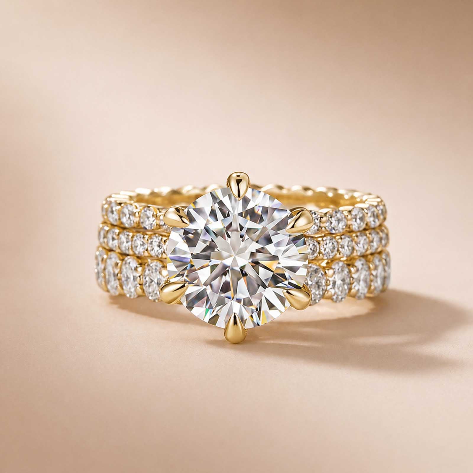 Aurevyn 3.0Ct Round Cut Yellow Gold 3PC Travel Engagement Ring with Oval & Round Cut Wedding Band