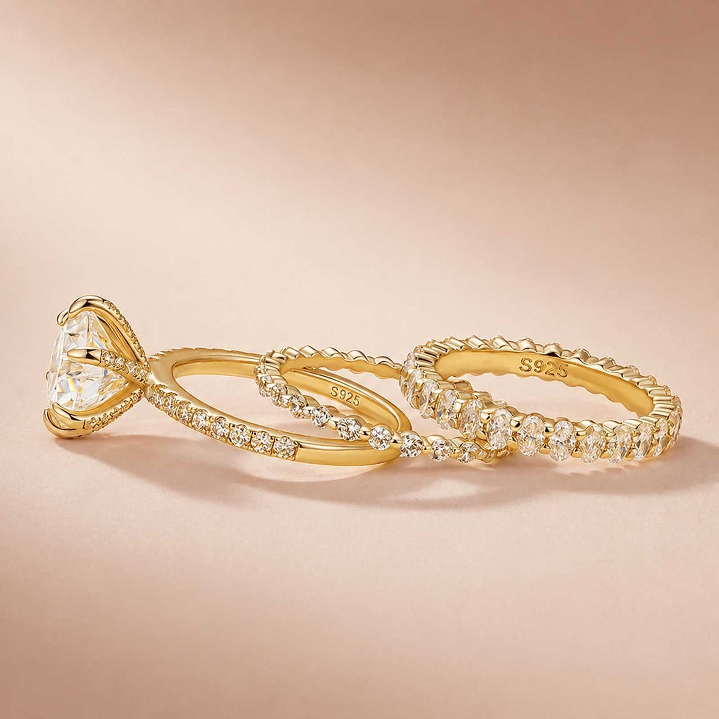 Aurevyn 3.0Ct Round Cut Yellow Gold 3PC Travel Engagement Ring with Oval & Round Cut Wedding Band