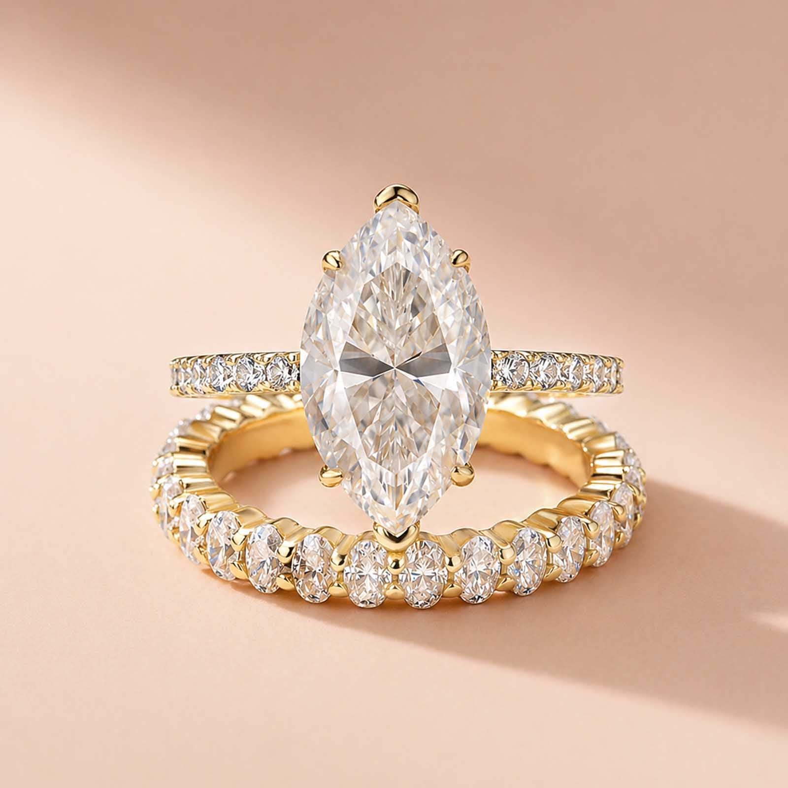 Aurevyn 2PC 4.0Ct Marquise Cut Yellow Gold Bridal Ring Set with Oval Cut Wedding Band
