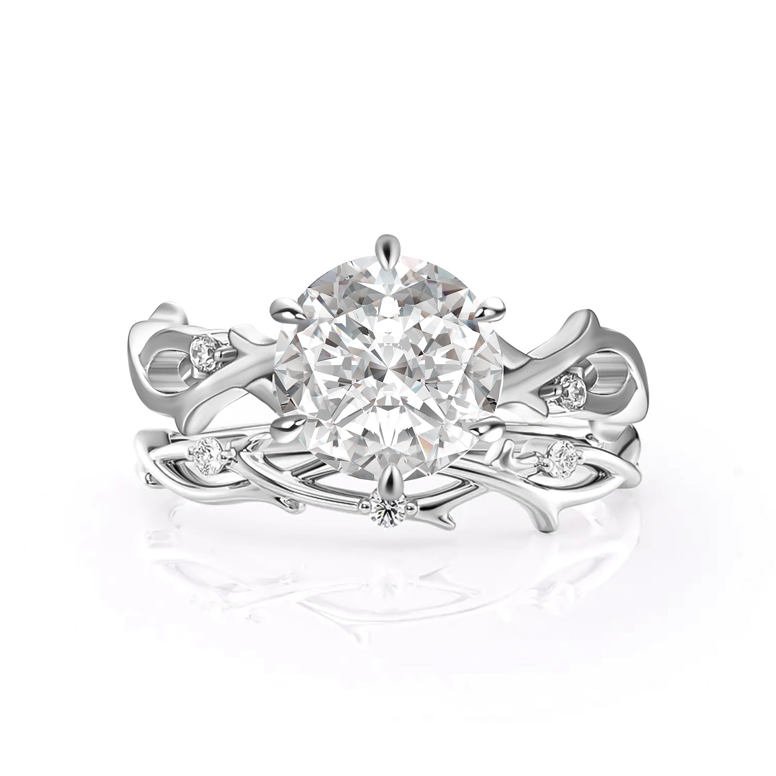 Aurevyn Moissanite 2.0 Ct Twig 6 Prong Round Cut Twist White Gold Wedding Set