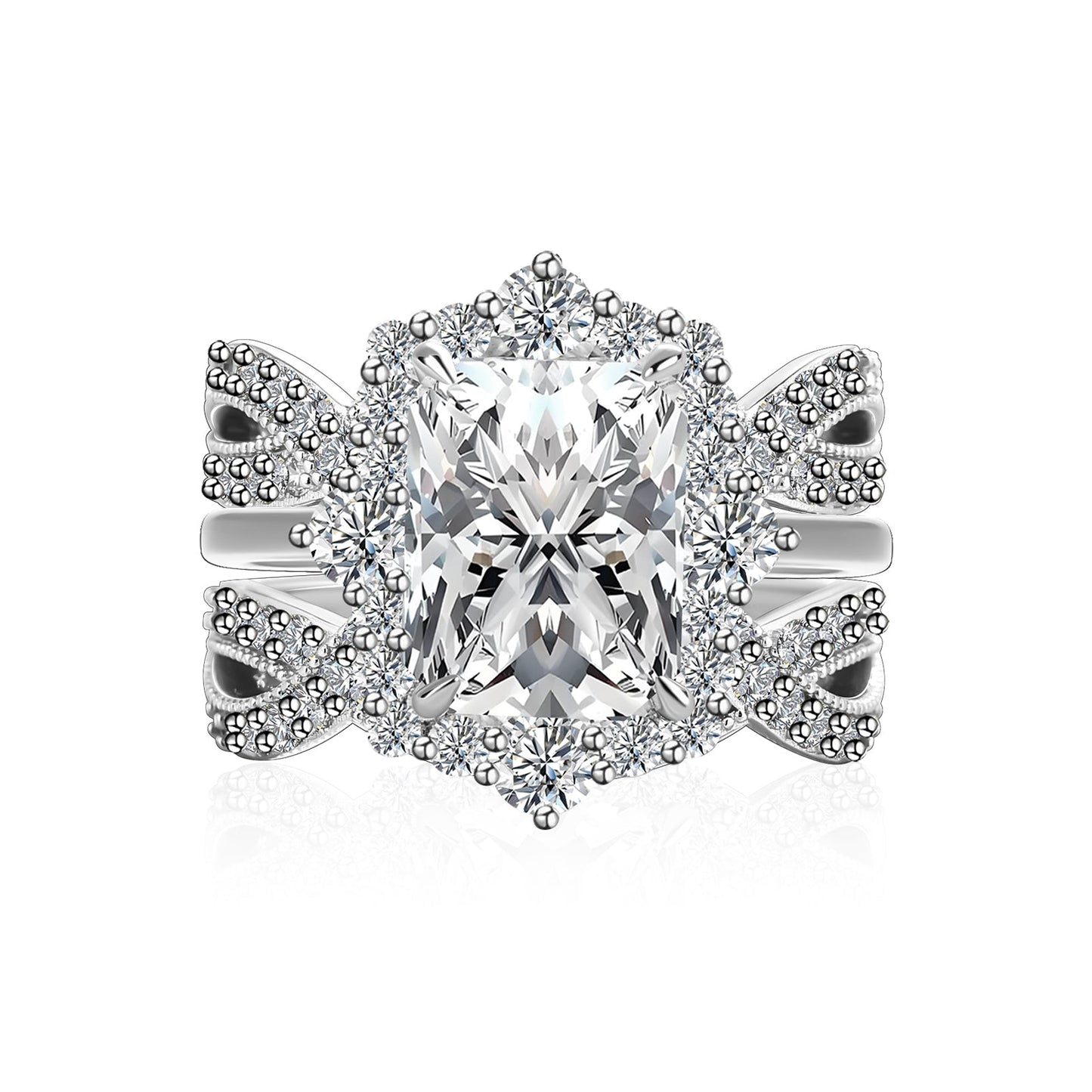 Aurevyn Moissanite 3.0Ct Radiant Cut White Gold Stack Wedding Ring with Enhancer Wedding Band