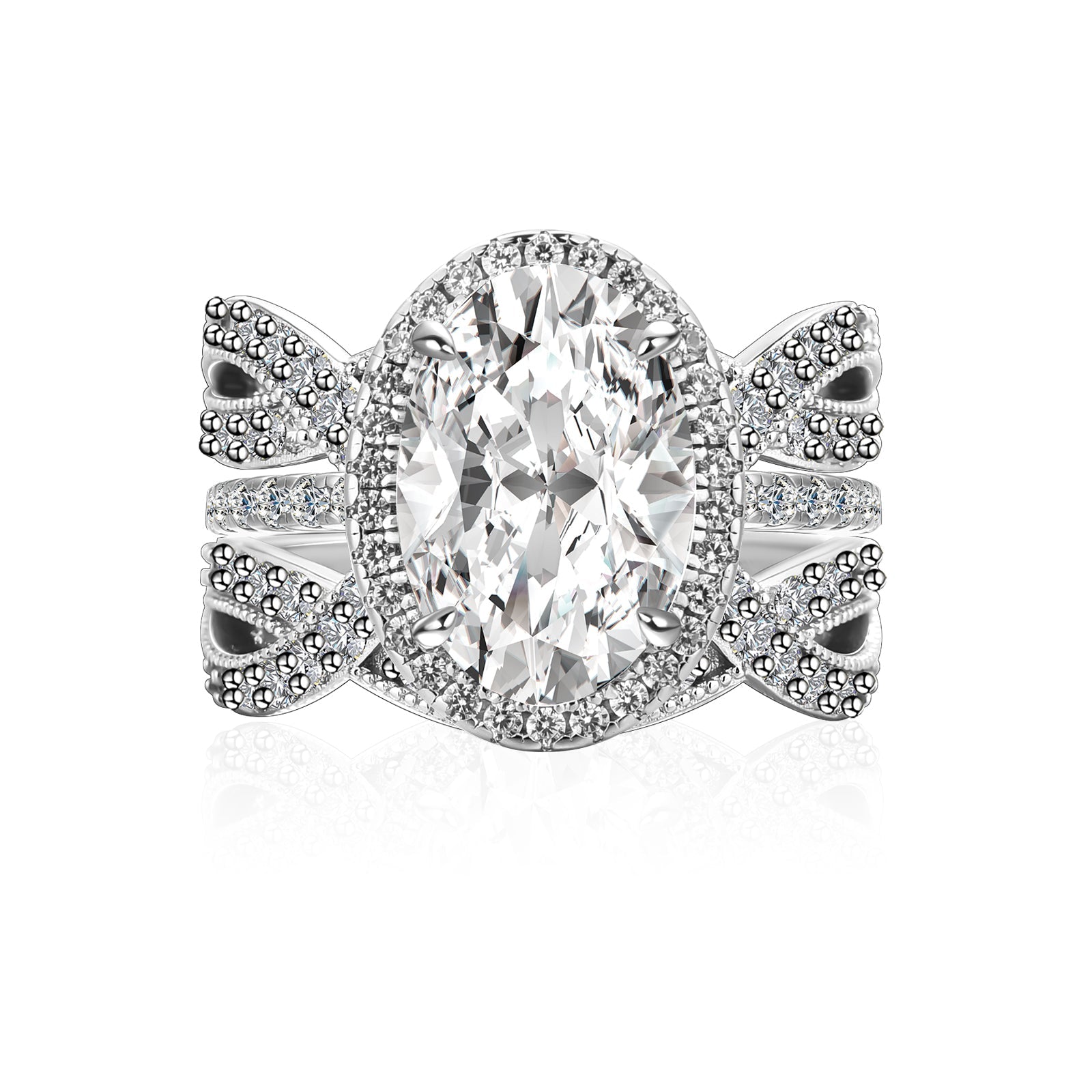 Aurevyn Moissanite 4.0Ct Halo Oval Cut White Gold Stack Wedding Ring with Enhancer Wedding Band