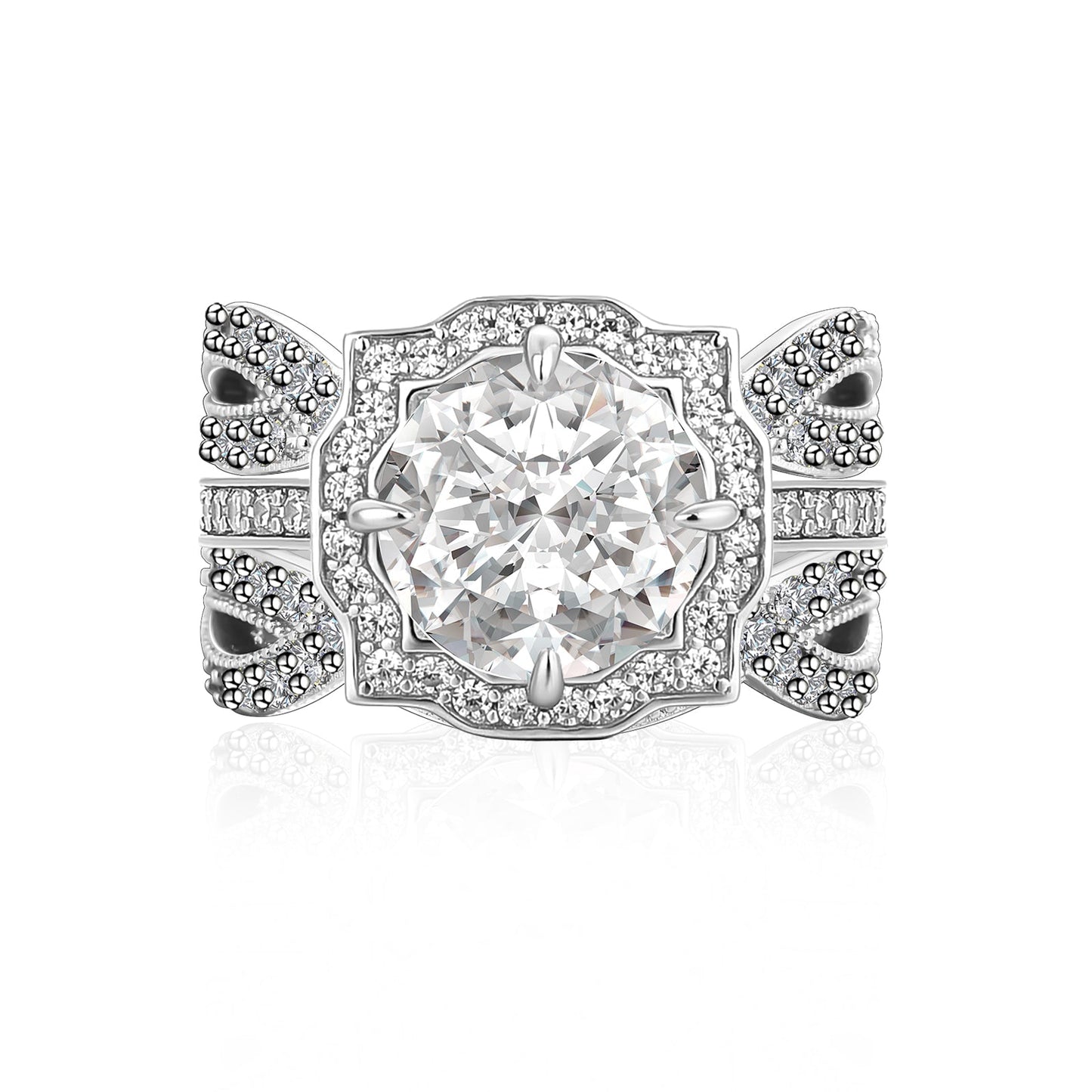 Aurevyn Moissanite 3.0Ct Halo Round Cut White Gold Stack Wedding Ring with Enhancer Wedding Band