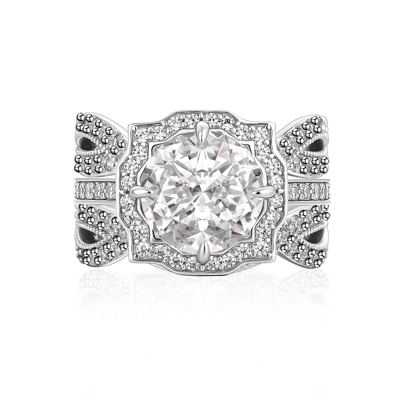 Aurevyn Moissanite 3.0Ct Halo Round Cut White Gold Stack Wedding Ring with Enhancer Wedding Band
