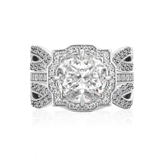 Aurevyn Moissanite 3.0Ct Halo Round Cut White Gold Stack Wedding Ring with Enhancer Wedding Band