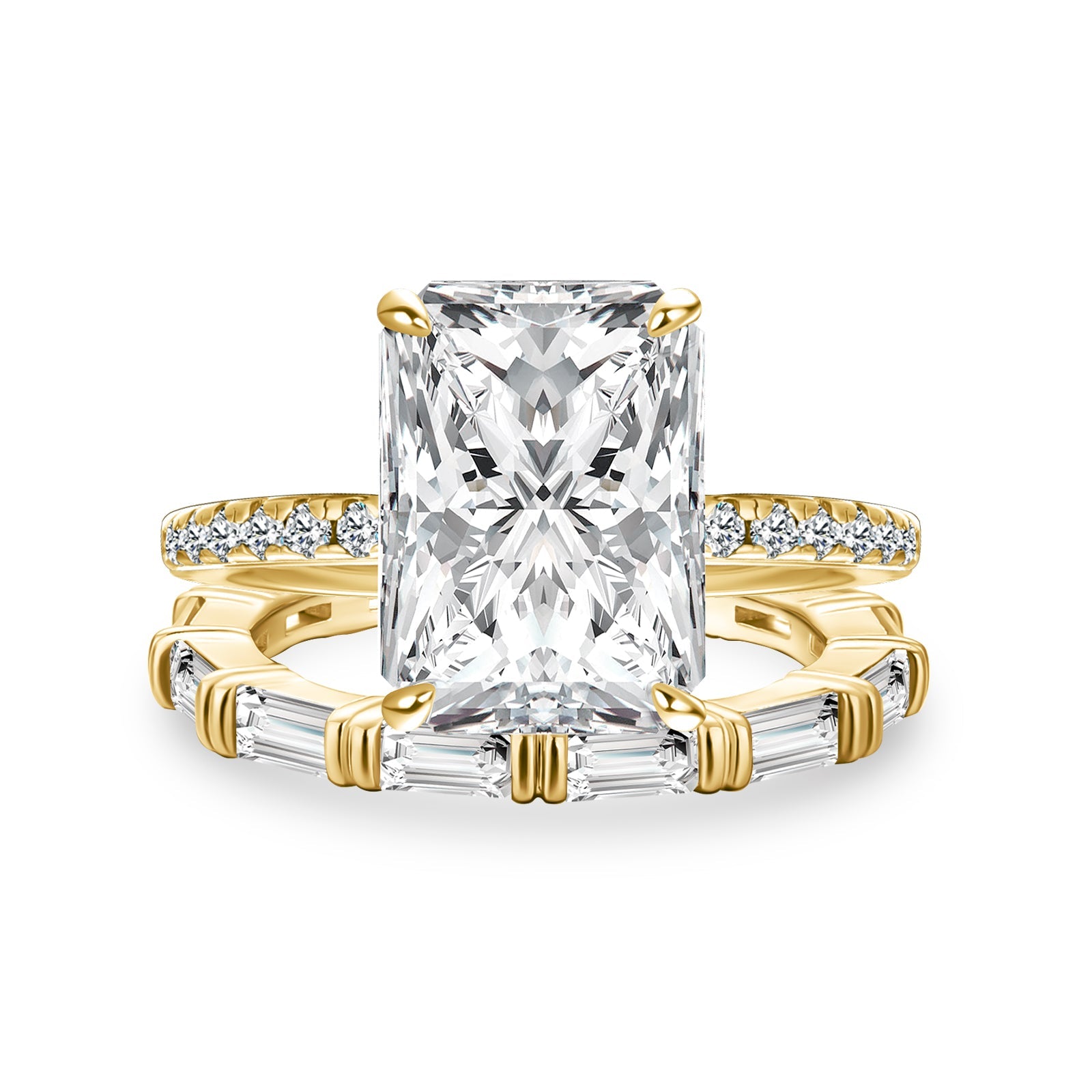 Aurevyn Moissanite 4.5Ct Radiant Cut Yellow Gold  Wedding Ring with Emerald Cut Wedding Band