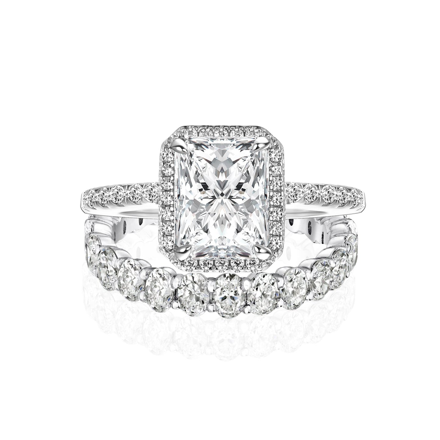 Aurevyn Moissanite 3.0Ct Halo Radiant Cut White Gold Wedding Ring with Oval Cut Wedding Band