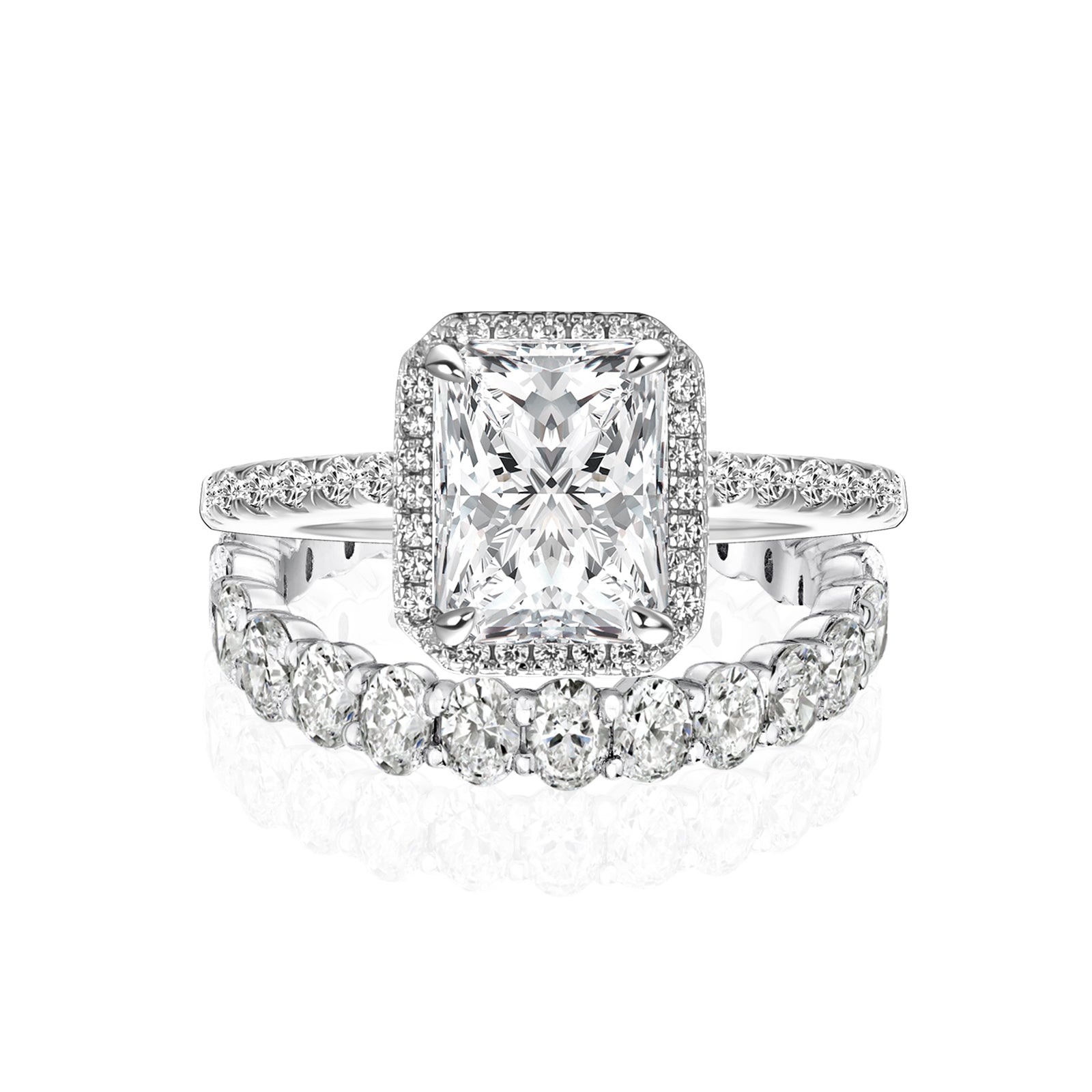 Aurevyn Moissanite 3.0Ct Halo Radiant Cut White Gold Wedding Ring with Oval Cut Wedding Band