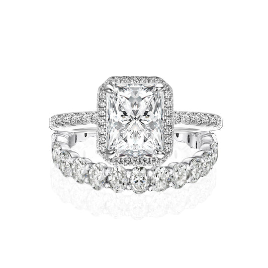 Aurevyn Moissanite 3.0Ct Halo Radiant Cut White Gold Wedding Ring with Oval Cut Wedding Band