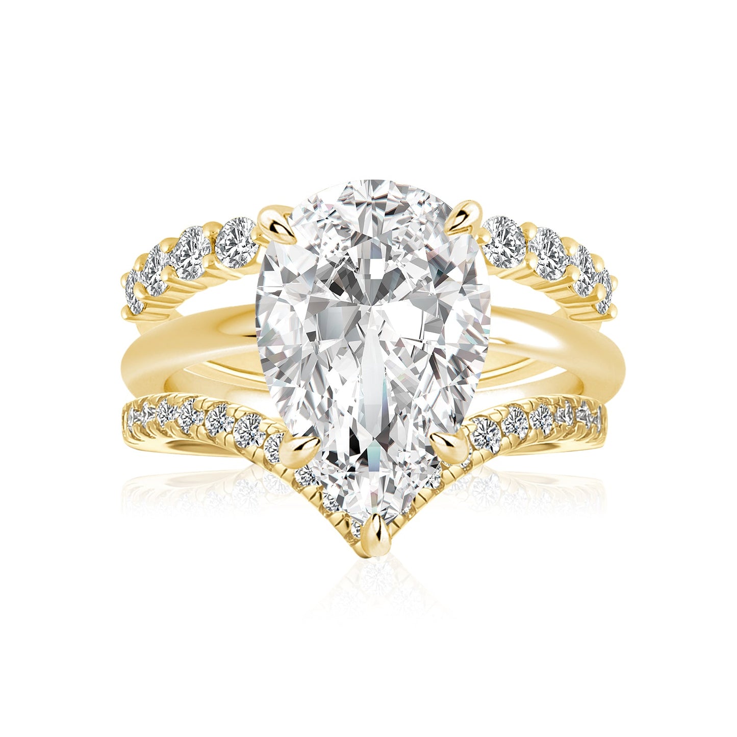 Aurevyn Moissanite 4.0Ct Solitaire Pear Cut Yellow Gold  Wedding Ring with V Contour Wedding Band