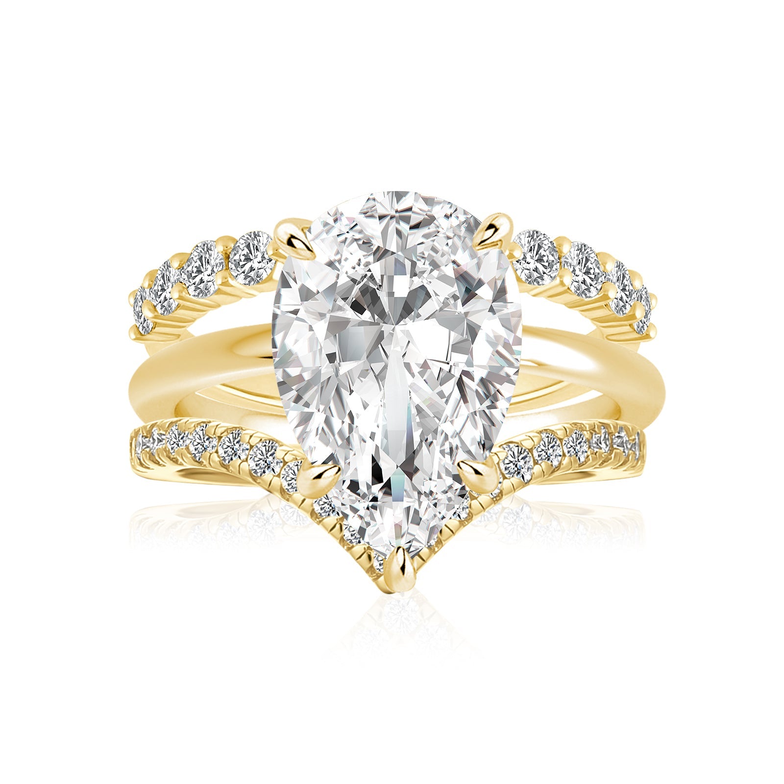 Aurevyn Moissanite 4.0Ct Solitaire Pear Cut Yellow Gold  Wedding Ring with V Contour Wedding Band