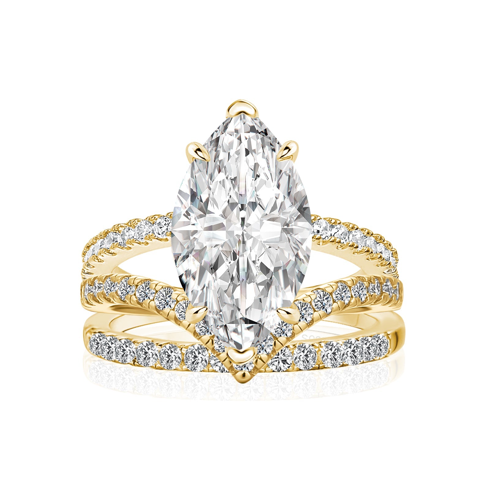 Aurevyn Moissanite 4.0Ct Marquise Cut Yellow Gold Wedding Ring with V Contour Wedding Band