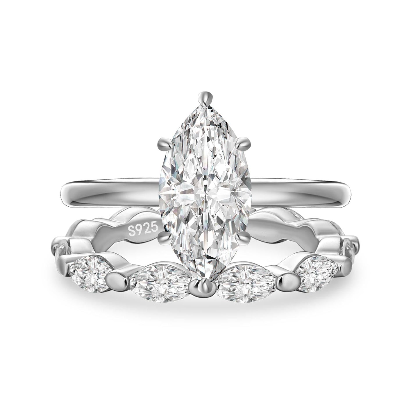 Aurevyn Moissanite 2.0Ct Solitaire Marquise Cut/4.0 Ct Oval Cut Engagement Ring with Marquise Cut Wedding Band